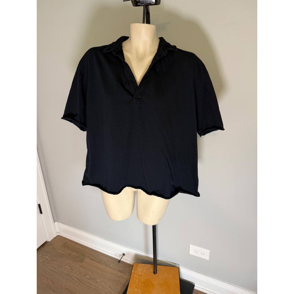 Frank & Eileen Black Cotton Jersey Polo Shirt Raw Hem Womens